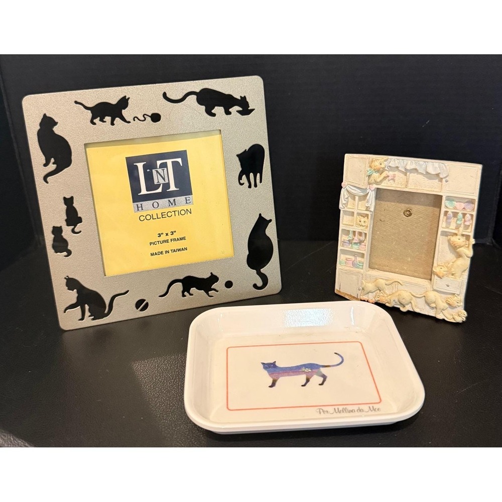 LNT Home Collection Cat Kitten Kitty Picture Frames & Trinket Dish 3 Piece Set